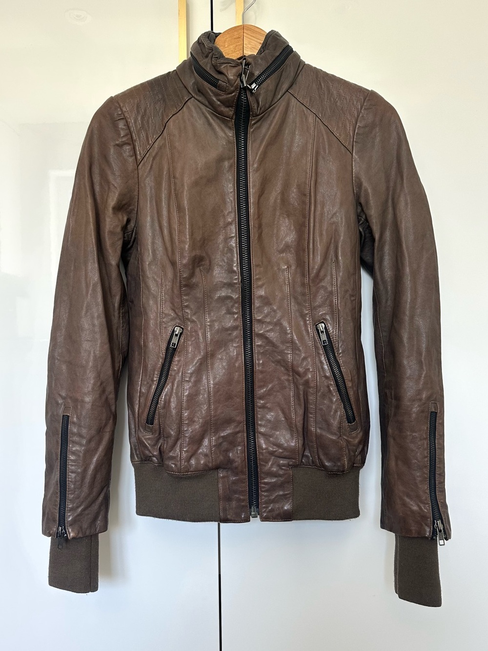 Mackage Brown Leather Moto Bomber Jacket XS Genuine Leather